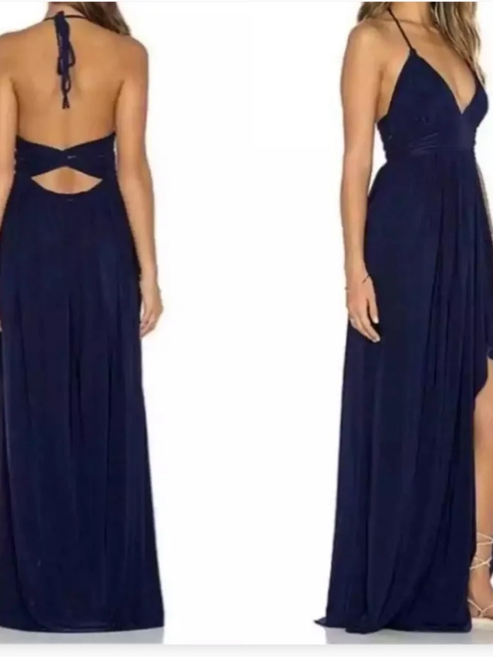 NWT Misa Los Angeles Navy Ever Maxi Dress Leg Slit Revolve Halter Cut Out